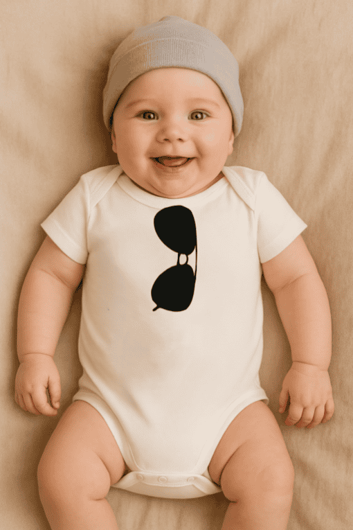 1. Baby wearing white onesie with black sunglasses graphic, adorable infant style.