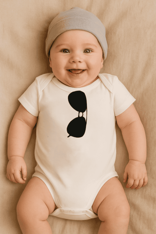1. Baby wearing white onesie with black sunglasses graphic, adorable infant style.