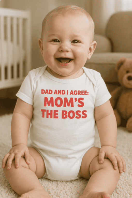 Cute baby wearing a humorous "Mom's The Boss" t-shirt on a cozy beige carpet.