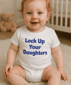 Cute baby wearing t-shirt with "Lock Up Your Daughters" humorous message, perfect for fun photos and playful family moments.