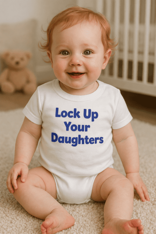 Cute baby wearing t-shirt with "Lock Up Your Daughters" humorous message, perfect for fun photos and playful family moments.
