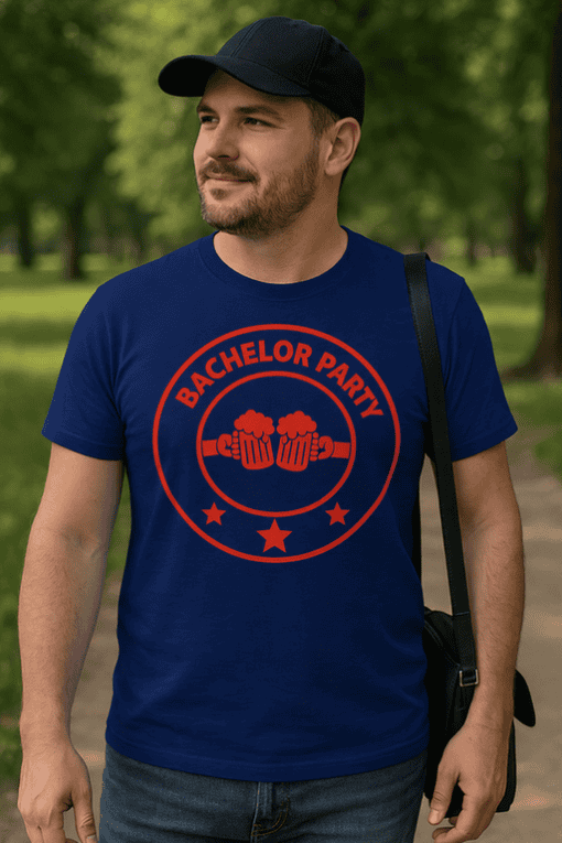 Beer mug bachelor party T-shirt for men, funny party shirt for celebrating at Tshirtplease.com.