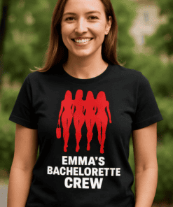 Red silhouette of four women walking with handbags, "Emma's Bachelorette Crew" t-shirt for bachelorette parties, fun bride squad apparel.