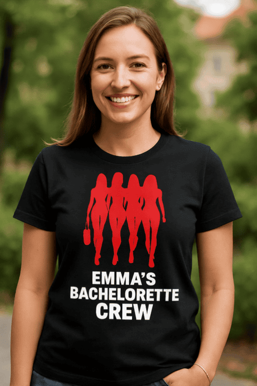 Red silhouette of four women walking with handbags, "Emma's Bachelorette Crew" t-shirt for bachelorette parties, fun bride squad apparel.