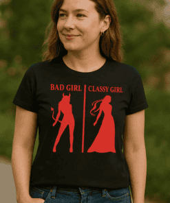 Devil vs angel girl T-shirt, humorous cosplay tee, funny women's graphic shirt, rebellious and classy fashion top.