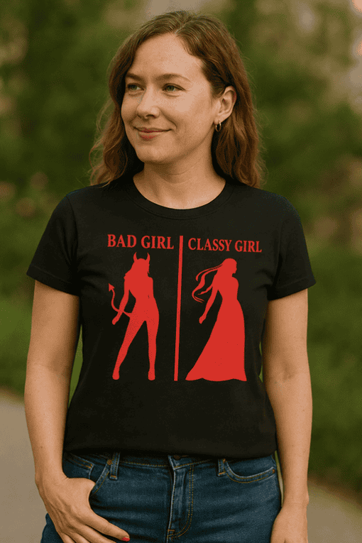 Devil vs angel girl T-shirt, humorous cosplay tee, funny women's graphic shirt, rebellious and classy fashion top.