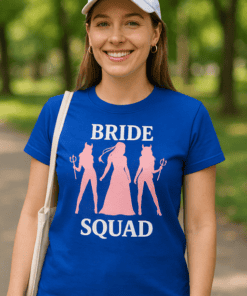 Funny bridal squad t-shirt with silhouettes and bride text, perfect for bachelorette parties and wedding celebrations.