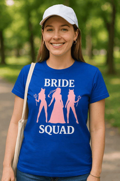 Funny bridal squad t-shirt with silhouettes and bride text, perfect for bachelorette parties and wedding celebrations.