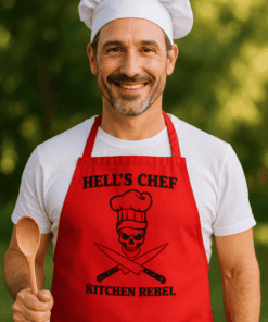 Chefs hat and apron with "Hell's Chef" and skull design for kitchen rebels.