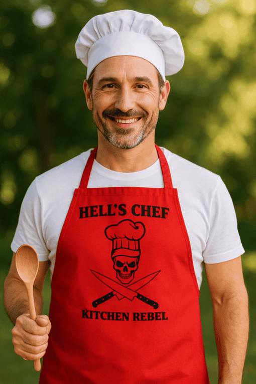 Chefs hat and apron with "Hell's Chef" and skull design for kitchen rebels.