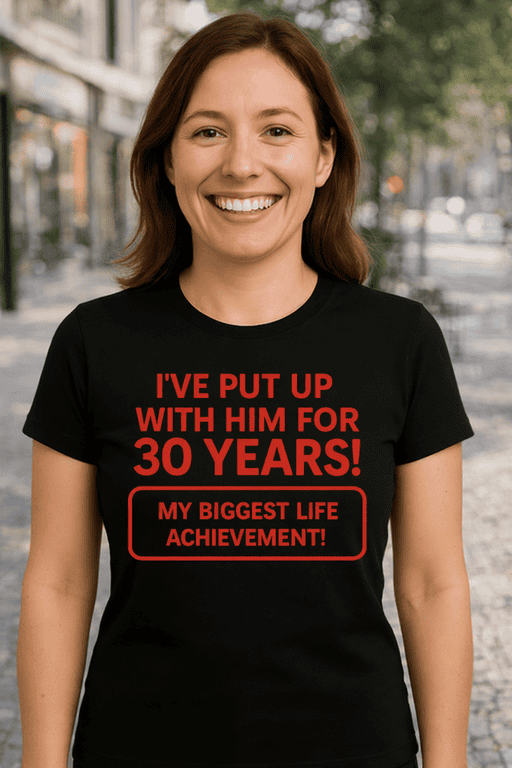 1. Happy woman wearing personalized anniversary T-shirt for 30 years celebration.