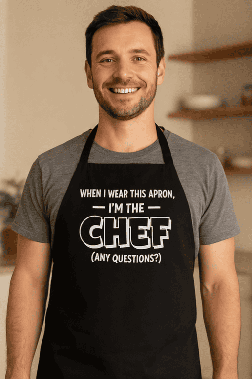 Chef apron with humorous quote, perfect for home chefs and cooking enthusiasts.