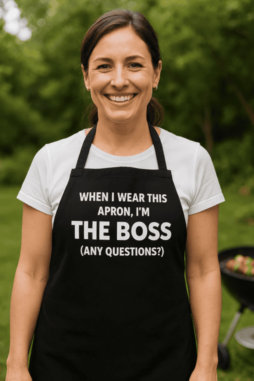 Apron with humorous "Boss" quote for kitchen or BBQ - perfect for cooking enthusiasts.