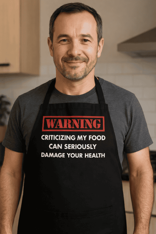 Criticizing my food warning T-shirt for food lovers, humorous kitchen apparel, healthy eating joke.