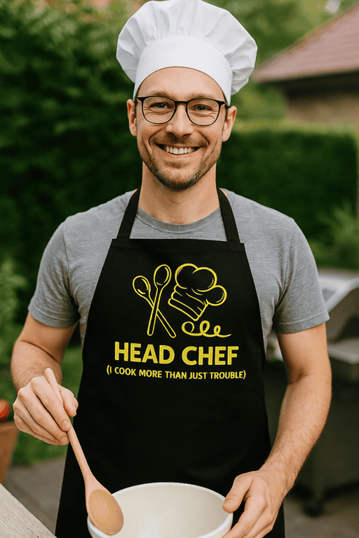 Chef hat and apron with "Head Chef" slogan and cooking utensils, outdoors kitchen, culinary profession, food lover, cooking enthusiast.