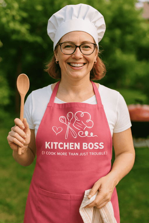1. Female baker wearing a chef hat and apron holding a wooden spoon outdoors.