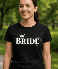1. Bride T-shirt with crown and star design, perfect for bachelorette parties and bridal events.
