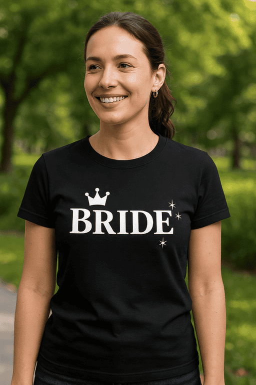 1. Bride T-shirt with crown and star design, perfect for bachelorette parties and bridal events.