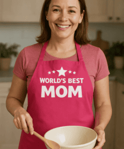 1. Women wearing "World's Best Mom" apron cooking in kitchen, smiling.