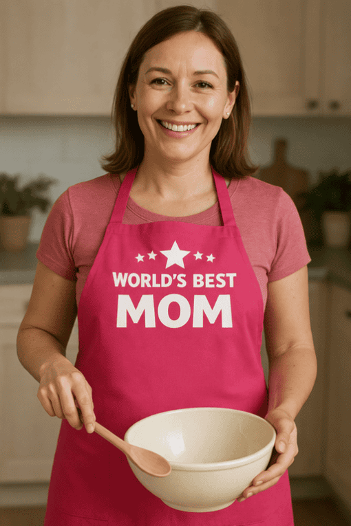 1. Women wearing "World's Best Mom" apron cooking in kitchen, smiling.