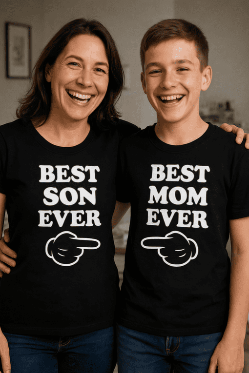 Best Son Ever and Best Mom Ever matching t-shirts for family photos and gifting.