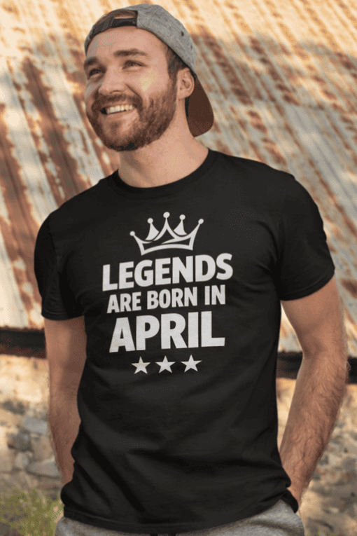 1. Men’s April birthday t-shirt with crown and bold text for April-born legends.