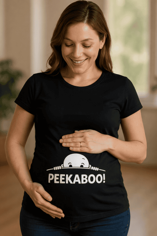 Cute pregnant woman wearing a black T-shirt with "PEEKABOO!" graphic and ghost design, celebrating pregnancy.