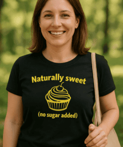 Soft black cupcake T-shirt with yellow "Naturally sweet" print, ideal for casual and sweet-themed fashion.