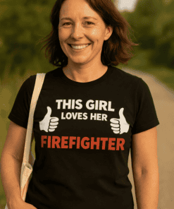 1. Woman wearing firefighter pride T-shirt, outdoors, smiling, supporting female firefighters.
