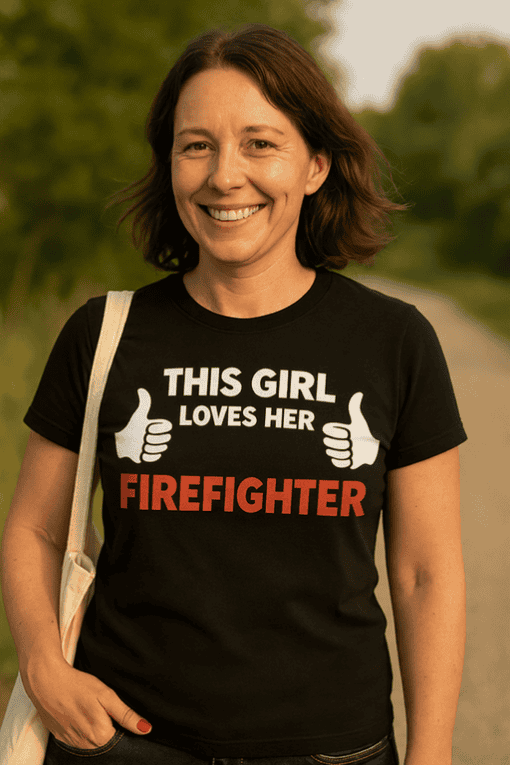 1. Woman wearing firefighter pride T-shirt, outdoors, smiling, supporting female firefighters.