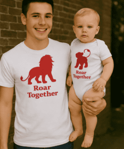 1. Family matching lion t-shirt set for kids and adults, "Roar Together" design.