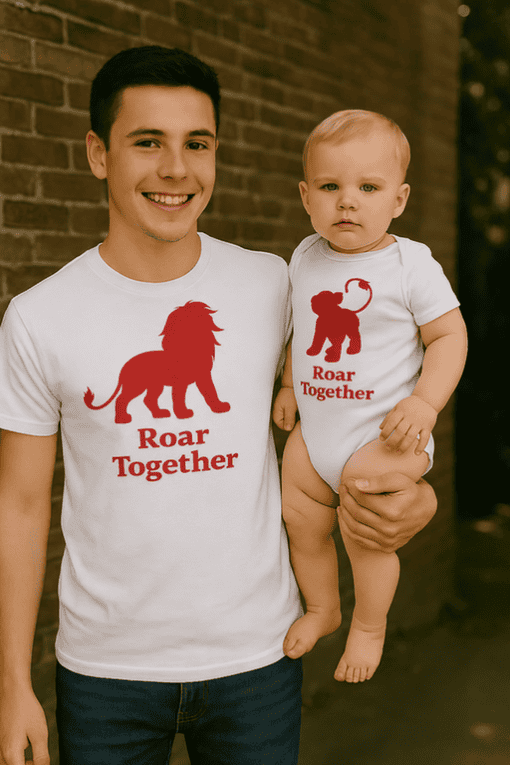 1. Family matching lion t-shirt set for kids and adults, "Roar Together" design.