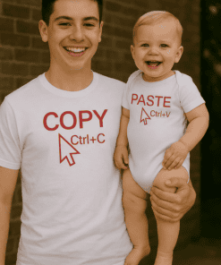 - Fun father and baby matching T-shirts with tech print, perfect for family humor and bonding.