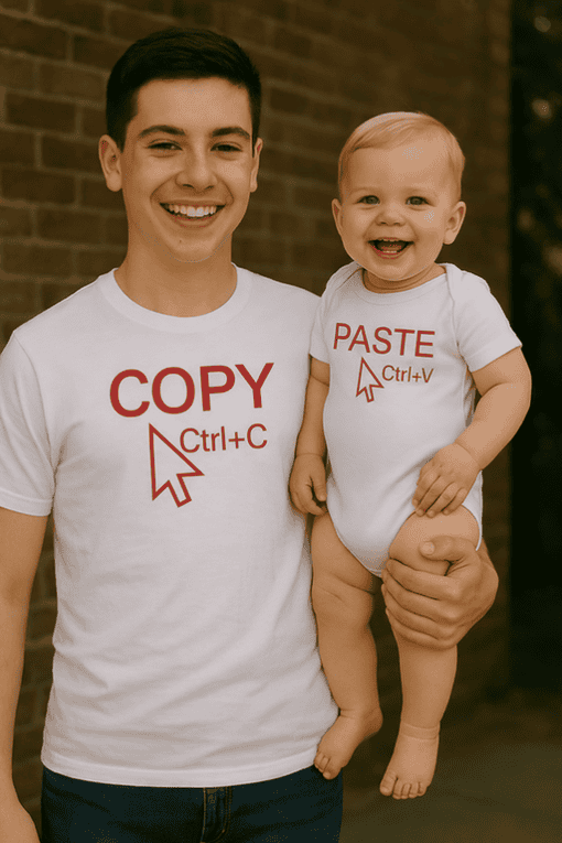 - Fun father and baby matching T-shirts with tech print, perfect for family humor and bonding.