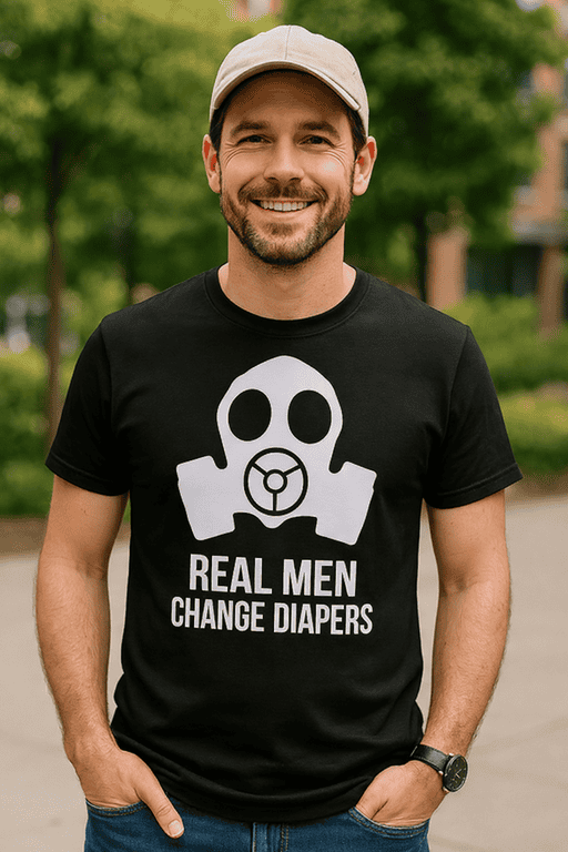 1. Men’s humorous graphic T-shirt with "Real Men Change Diapers" slogan, casual style.