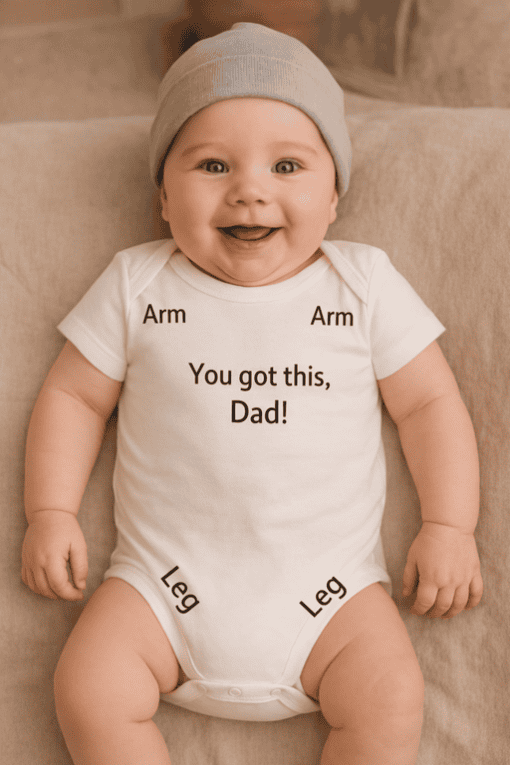 Smiling baby wearing humorous "You got this, Dad!" T-shirt for Father's Day or baby gifts.
