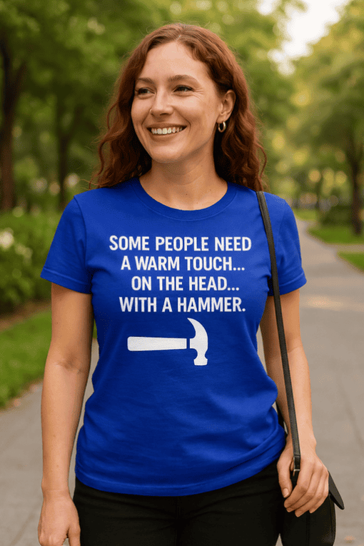1. Funny graphic tee with humorous hammer joke for women, perfect for casual wear.
