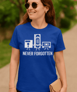 1. Retro cassette tape and boombox graphic T-shirt with "Never Forgotten" slogan.