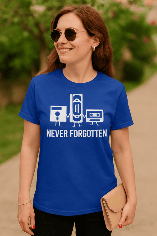 1. Retro cassette tape and boombox graphic T-shirt with "Never Forgotten" slogan.