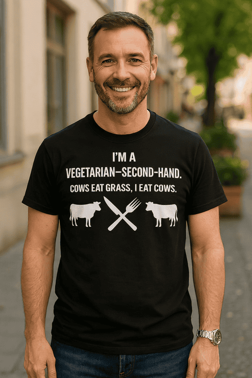 1. Funny vegetarian vegan t-shirt with cow graphic and humorous quote.