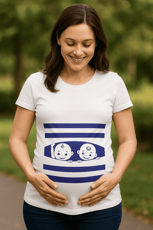Smile and maternity T-shirt with baby boy and girl graphic, casual pregnancy wear, perfect for moms-to-be.