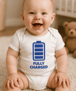 Fully charged baby t-shirt, funny infant onesie, battery emoji toddler shirt, cute baby humor clothing.
