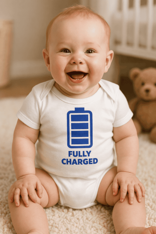Fully charged baby t-shirt, funny infant onesie, battery emoji toddler shirt, cute baby humor clothing.