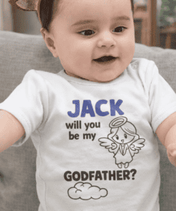 1. Baby with "Jack will you be my Godfather?" themed T-shirt, adorable gift idea.