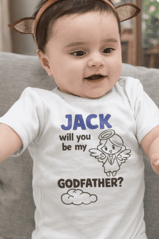 1. Baby with "Jack will you be my Godfather?" themed T-shirt, adorable gift idea.