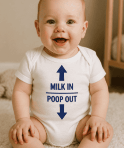 1. Cute baby in humorous "Milk in, Poop Out" funny baby onesie.