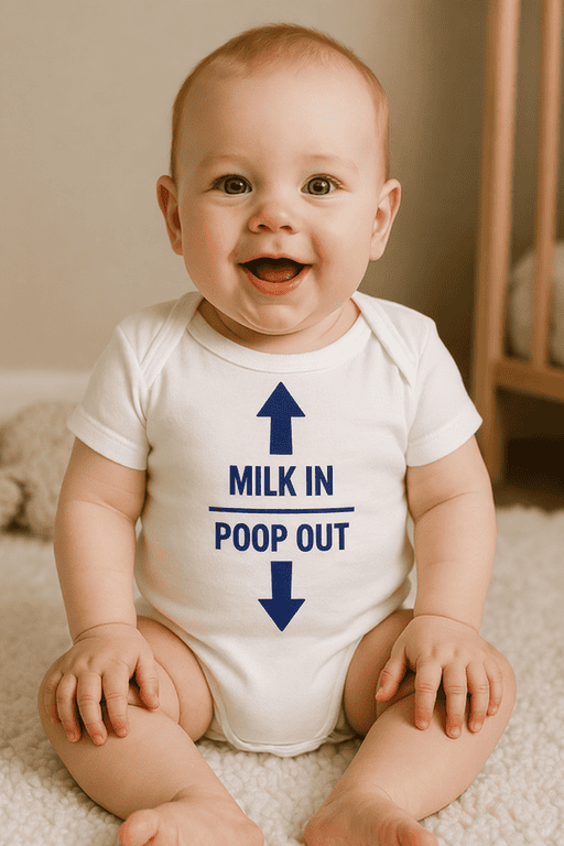 1. Cute baby in humorous "Milk in, Poop Out" funny baby onesie.