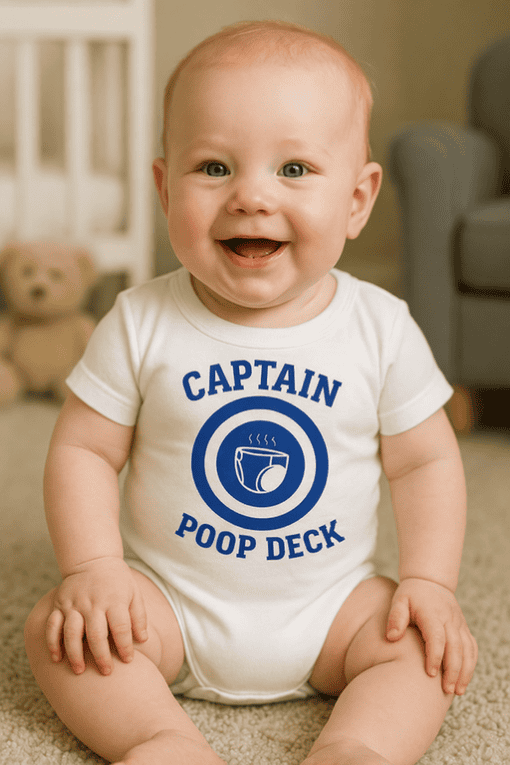 Funny baby onesie with "Captain Poop Deck" humorous print, adorable infant outfit for boys and girls.
