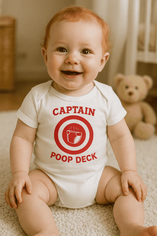 Happy baby wearing "Captain Poop Deck" funny baby T-shirt for kids, perfect for casual or gift purposes.