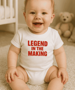 Cheerful baby wearing "Legend in the Making" T-shirt, adorable milestone photo, baby fashion, cute toddler clothes, baby T-shirts.